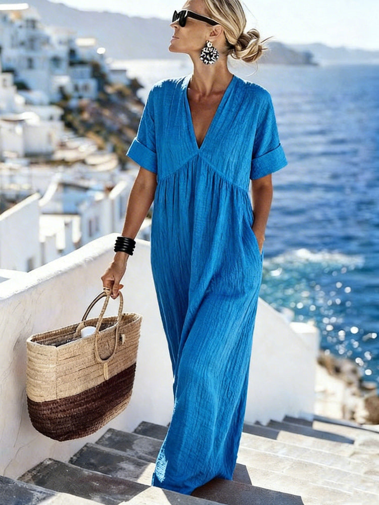Womens Casual Resort-Style V-Neck Short-Sleeve Solid Color Long Dress