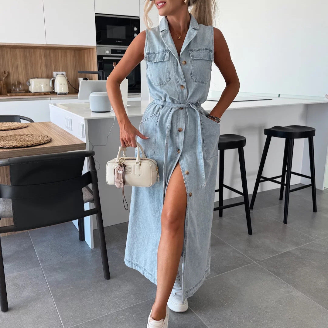 Sleeveless Long Tie Waist Single-breasted Denim Dress