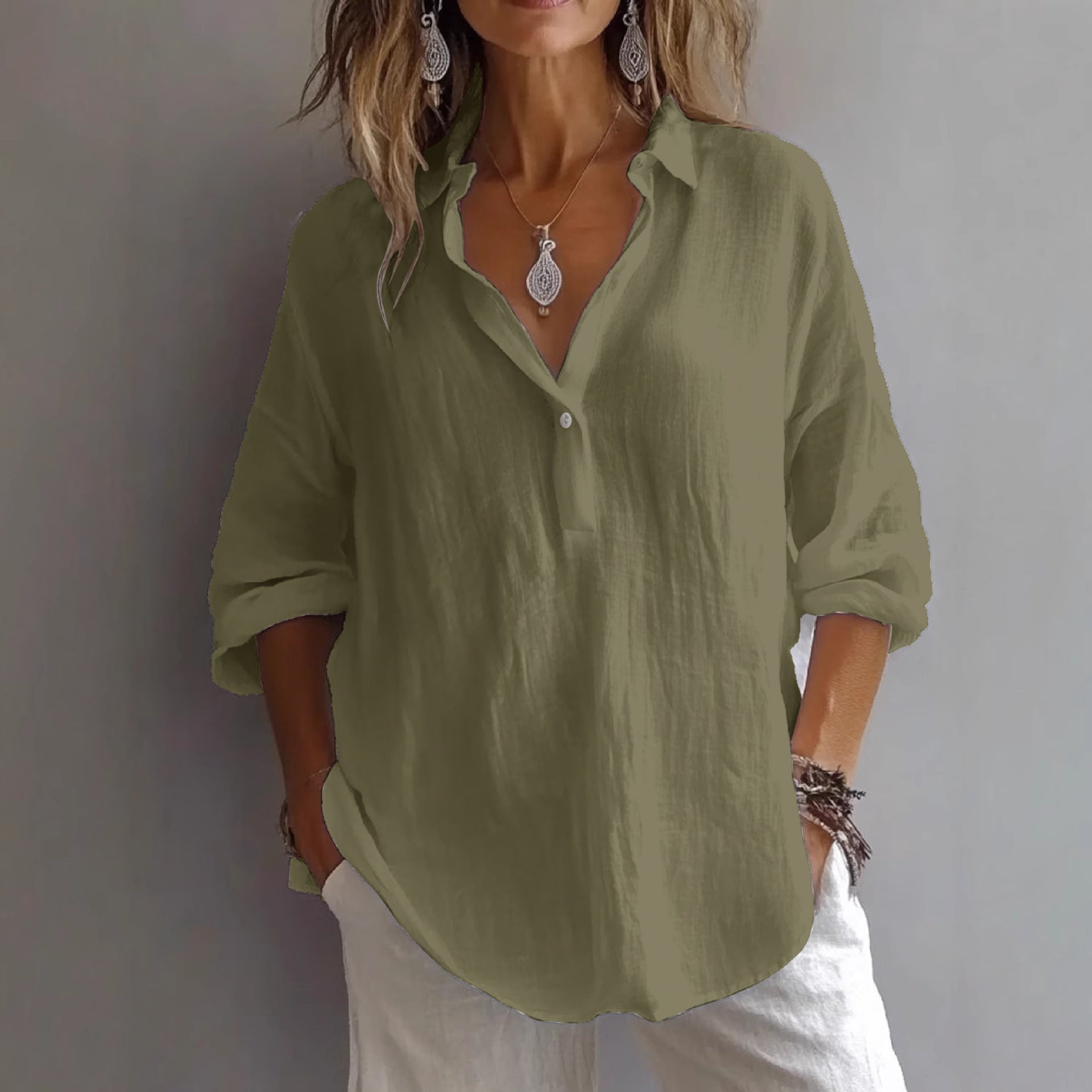 Fashion Long-sleeved Lapel Pullover Shirt Casual Loose Solid Color T-shirt Tops Women's Clothing