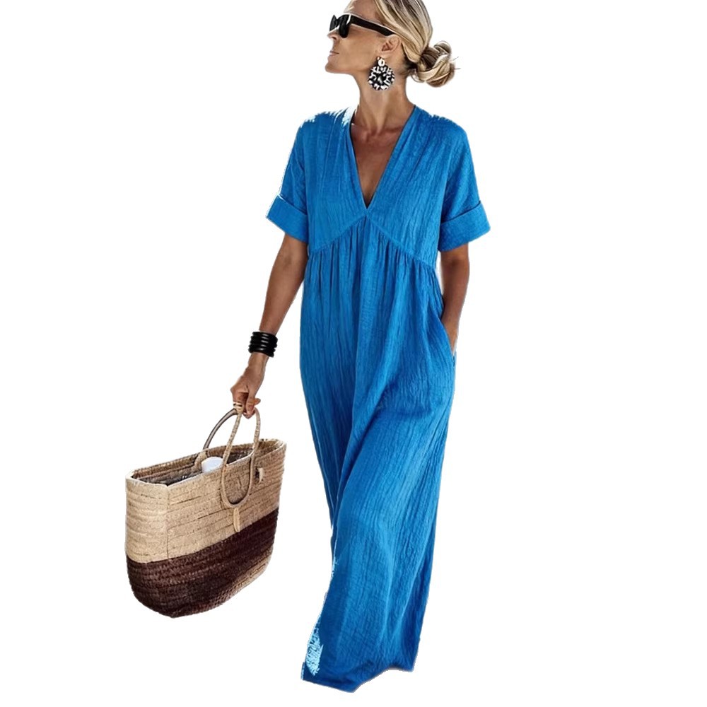 Womens Casual Resort-Style V-Neck Short-Sleeve Solid Color Long Dress