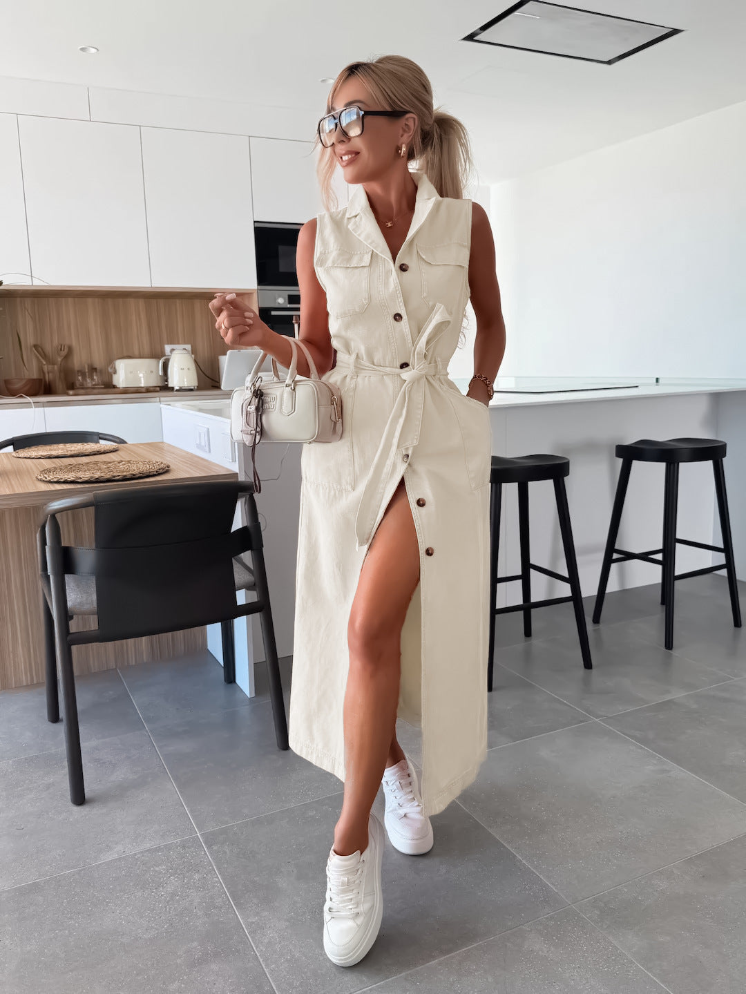 Sleeveless Long Tie Waist Single-breasted Denim Dress