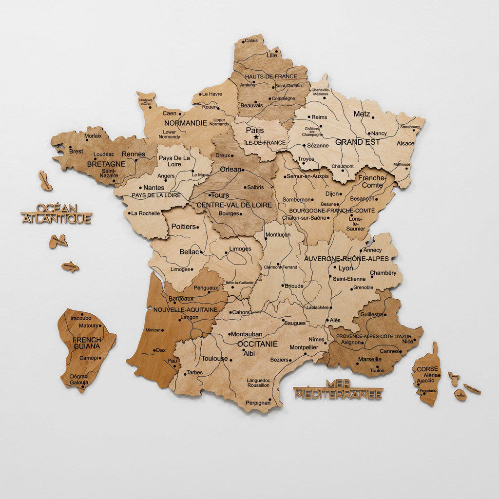 Wooden Map of France - Gold