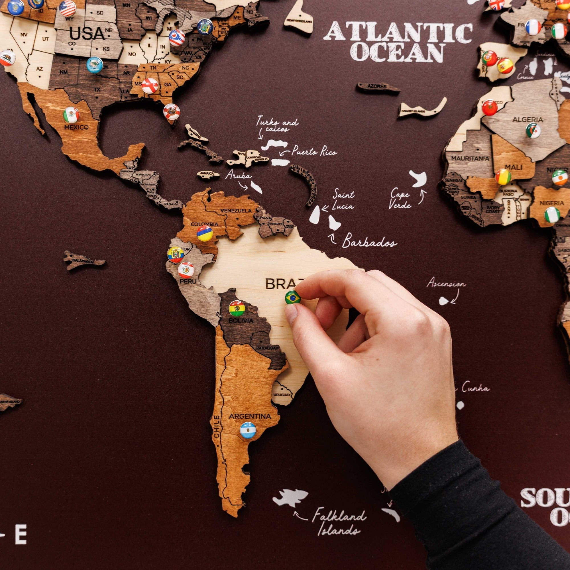 3D Wooden Map on Board Multicolor - Burgundy
