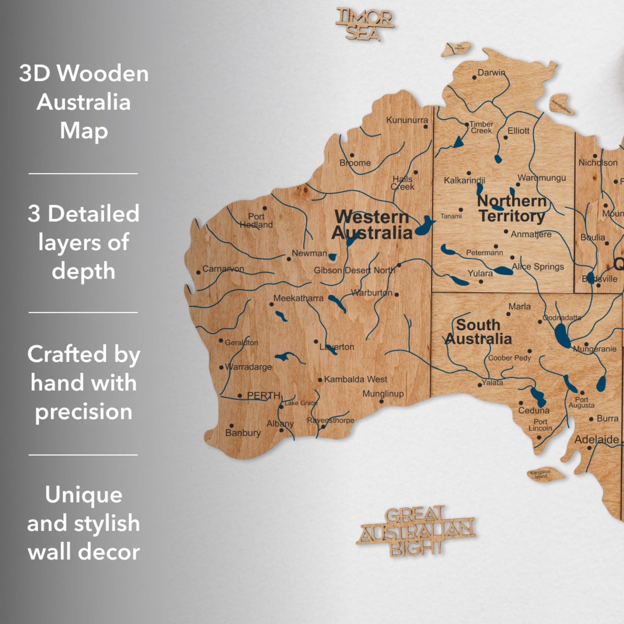 3D Wooden Map of Australia - Gold