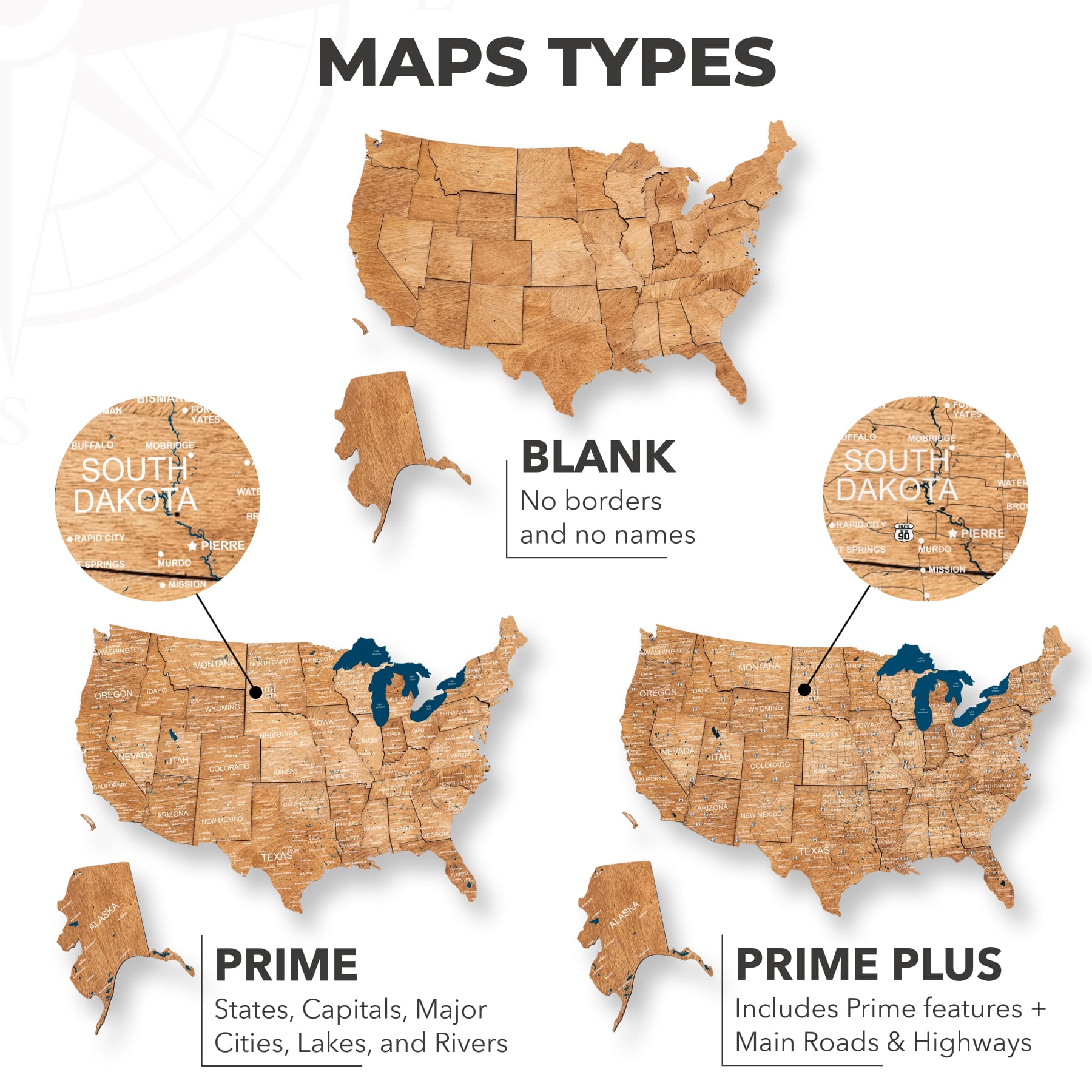 Wooden 3d Map of USA - Oak
