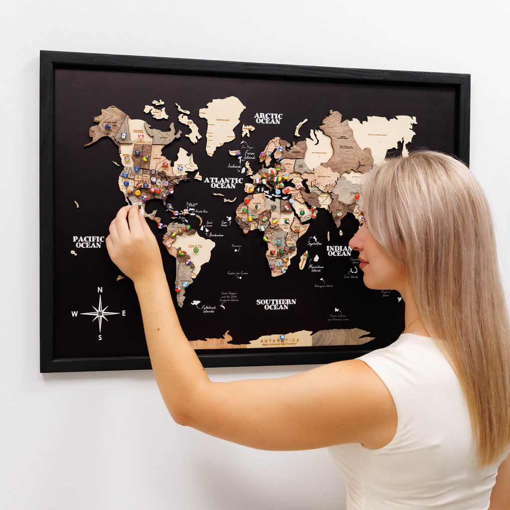 3D Wooden Panel World Map - Smokey